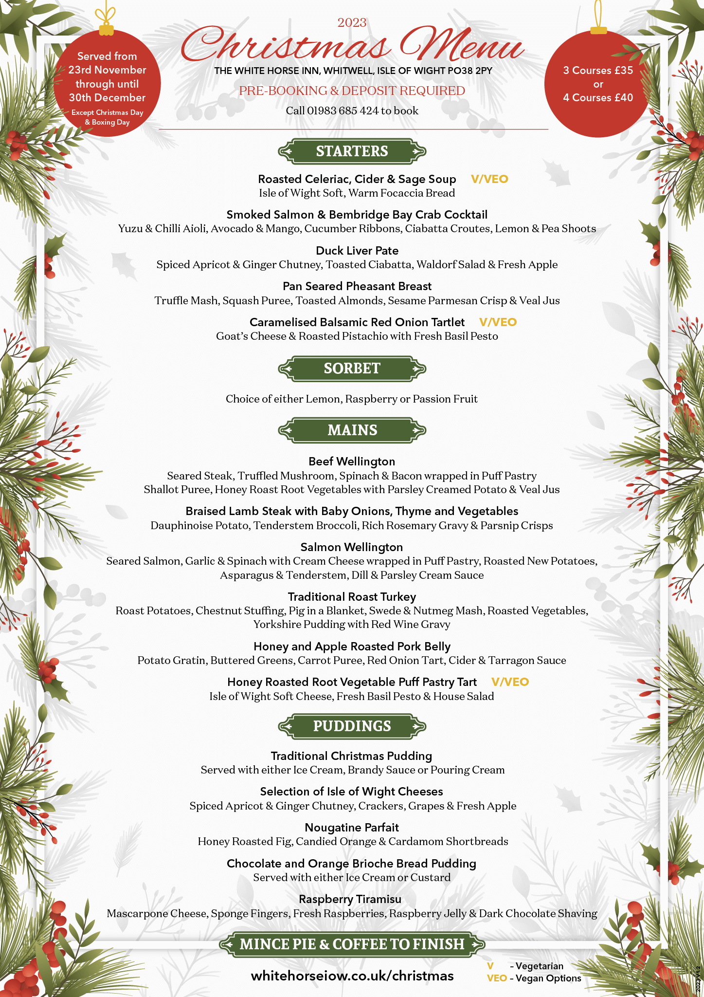 White Horse Christmas Menu 2023