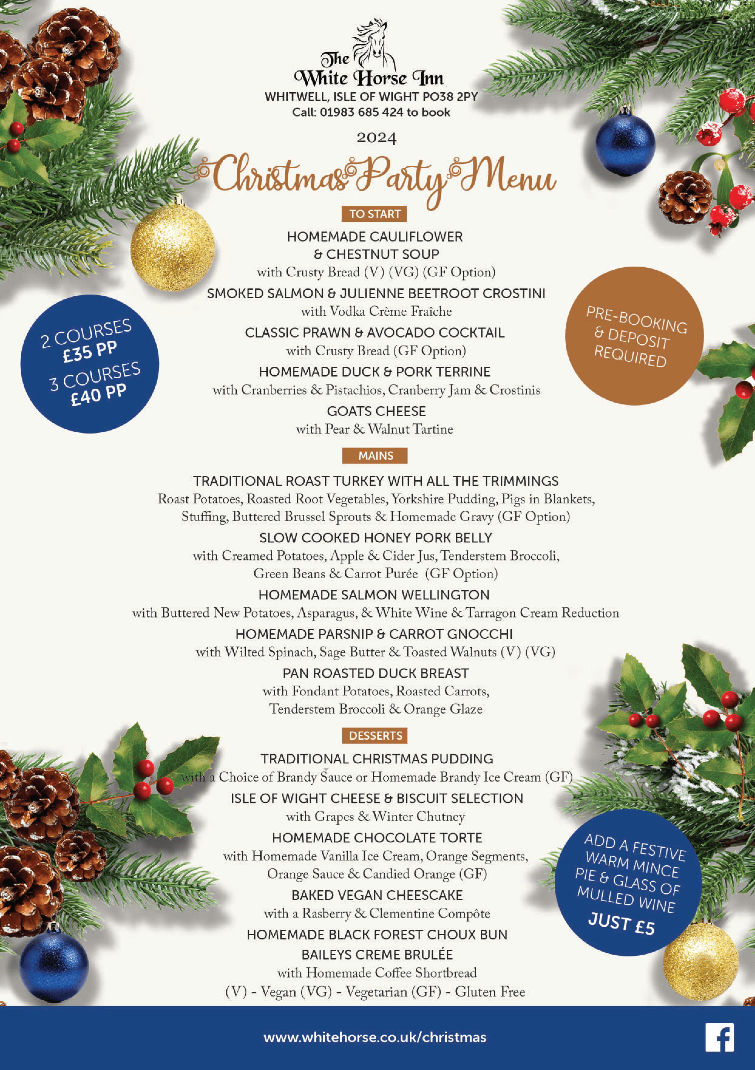 White Horse Inn Christmas Party Menu 2024